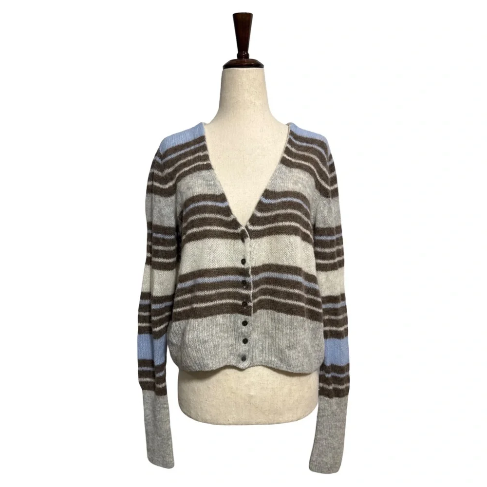 Free People • Kinsley Striped Cropped Cardigan Blue Brown M ASO Mariana Foster
